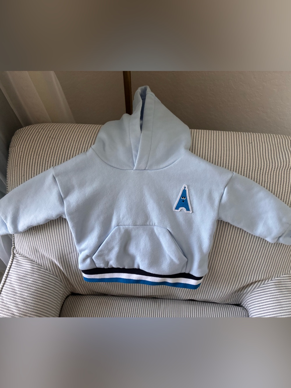 Light Blue Kids Hoodie with Striped Hem